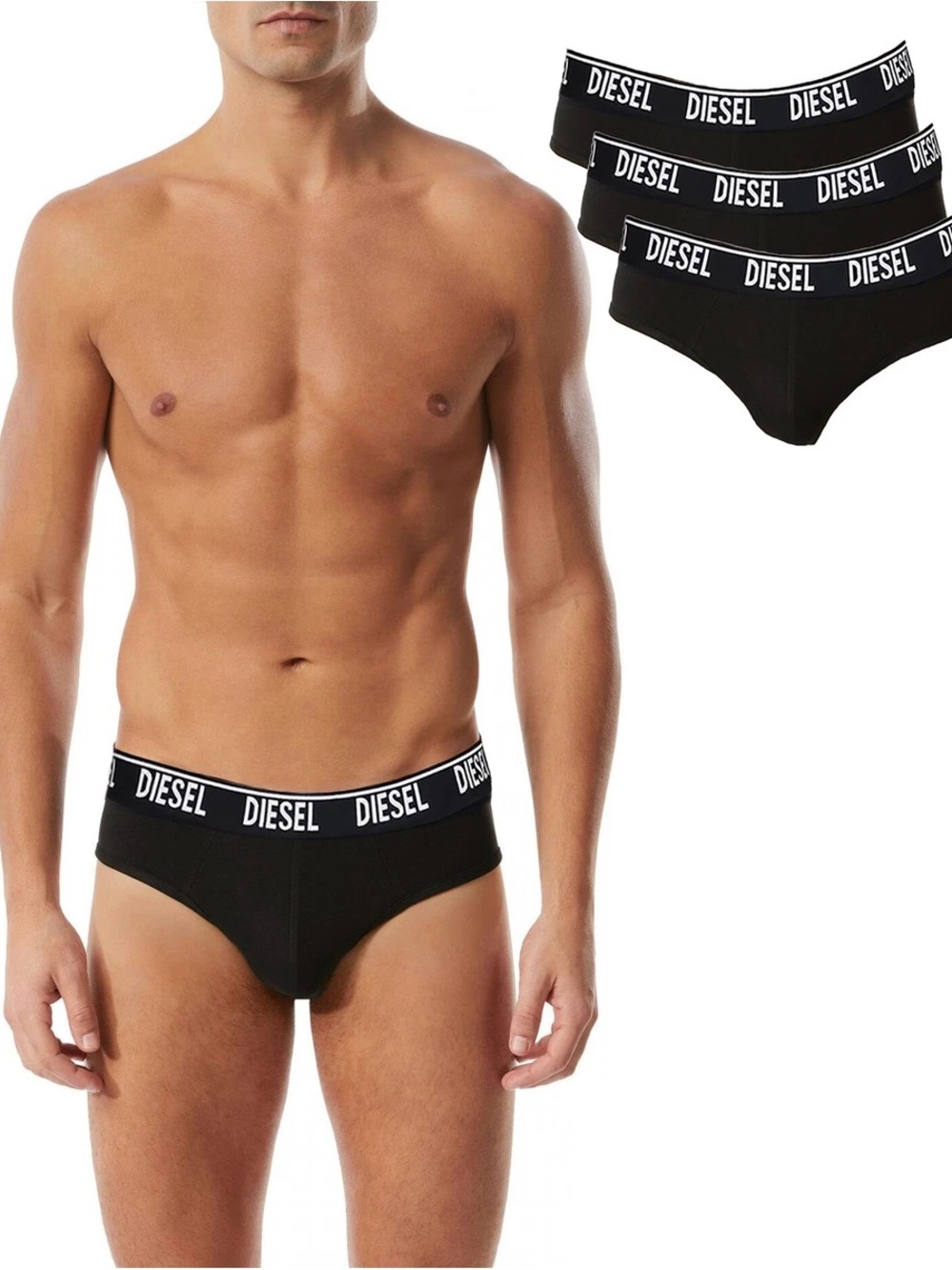 Diesel Black Briefs with White Logo Waistband - 3-Pack